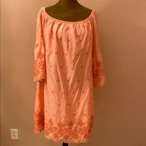 St JOHN’S BAY. Peach. Off-Shoulder Dress with Embroidered Details